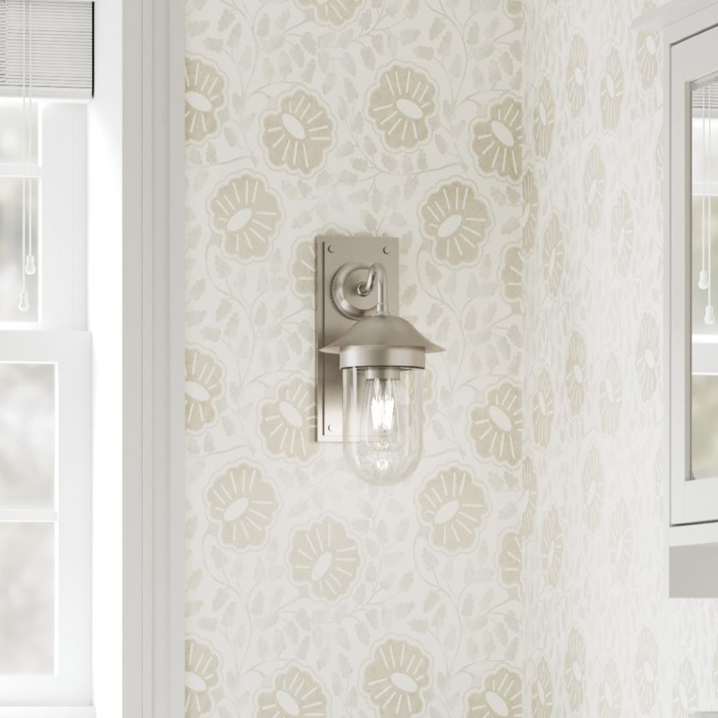 Close up lifestyle image of Burlington Guild Brushed Nickel Wall Mounted Clear Lights